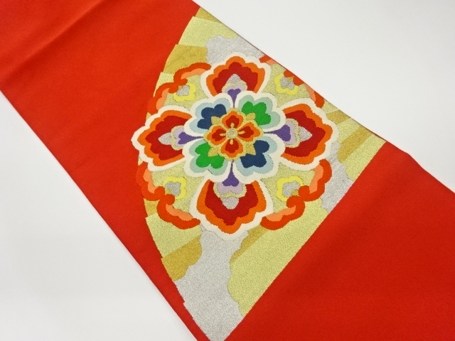 JAPANESE KIMONO / VINTAGE NAGOYA OBI / TSUZURE / WOVEN FLOWER CREST & FOLDING FAN PATTERN